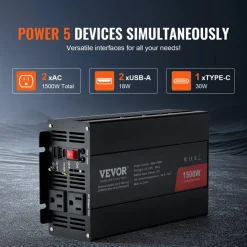 VEVOR Modified Sine Wave Inverter, 1500W, DC 12V to AC 120V Power Inverter with 2 AC Outlets 2 USB Port 1 Type-C Port 6 Spare Fuses, for Small Home Devices like Smartphone Laptop, CE FCC Certified