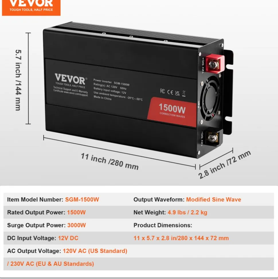 VEVOR Modified Sine Wave Inverter, 1500W, DC 12V to AC 120V Power Inverter with 2 AC Outlets 2 USB Port 1 Type-C Port 6 Spare Fuses, for Small Home Devices like Smartphone Laptop, CE FCC Certified