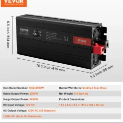 VEVOR Modified Sine Wave Inverter, 3000Watt, DC 12V to AC 120V LCD Display Power Inverter with 3 AC Outlets 2 USB Port 1 Type-C Port 10 Spare Fuses, for Large Household Equipment, CE FCC Certified
