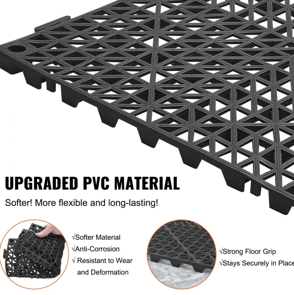 VEVOR Modular Interlocking Cushion, 12 Pack 12" x 12" Splicing Drainage Mats, Soft PVC Interlocking Drainage Floor Tiles, Non-Slip Drainage Holes for Restroom, Bathroom, Kitchen, Pool, Wet Areas, Blac