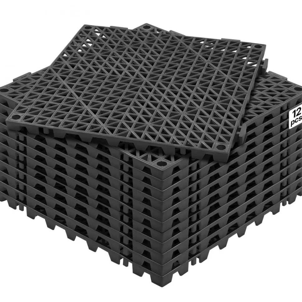 VEVOR Modular Interlocking Cushion, 12 Pack 12" x 12" Splicing Drainage Mats, Soft PVC Interlocking Drainage Floor Tiles, Non-Slip Drainage Holes for Restroom, Bathroom, Kitchen, Pool, Wet Areas, Blac