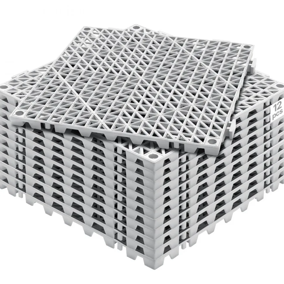 VEVOR Modular Interlocking Cushion, 12 Pack 12" x 12" Splicing Drainage Mats, Soft PVC Interlocking Drainage Floor Tiles, Non-Slip Drainage Holes for Restroom, Bathroom, Kitchen, Pool, Wet Areas, Gray
