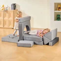 VEVOR Modular Kids Play Couch, Sectional Toddler Sofa with Armrests, 28D Sponge & Short Pile, Convertible Kids Modular Couch DIY Creative Combination for Playroom, Bedroom, Living Room, 14 Pcs, Gray
