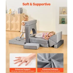 VEVOR Modular Kids Play Couch, Sectional Toddler Sofa with Armrests, 28D Sponge & Short Pile, Convertible Kids Modular Couch DIY Creative Combination for Playroom, Bedroom, Living Room, 14 Pcs, Gray