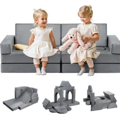 VEVOR Modular Kids Play Couch, Sectional Toddler Sofa with Armrests, 28D Sponge & Short Pile, Convertible Kids Modular Couch DIY Creative Combination for Playroom, Bedroom, Living Room, 14 Pcs, Gray