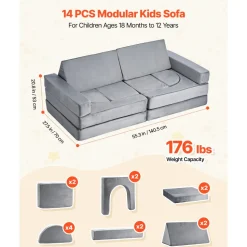 VEVOR Modular Kids Play Couch, Sectional Toddler Sofa with Armrests, 28D Sponge & Short Pile, Convertible Kids Modular Couch DIY Creative Combination for Playroom, Bedroom, Living Room, 14 Pcs, Gray