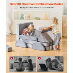 VEVOR Modular Kids Play Couch, Sectional Toddler Sofa with Armrests, 28D Sponge & Short Pile, Convertible Kids Modular Couch DIY Creative Combination for Playroom, Bedroom, Living Room, 14 Pcs, Gray