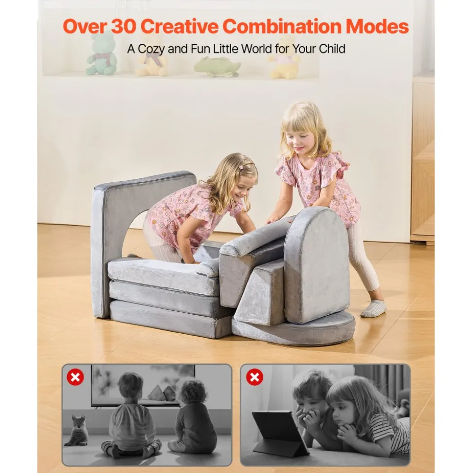VEVOR Modular Kids Play Couch, Sectional Toddler Sofa with Armrests, 28D Sponge & Short Pile, Convertible Kids Modular Couch DIY Creative Combination for Playroom, Bedroom, Living Room, 10 Pcs, Gray