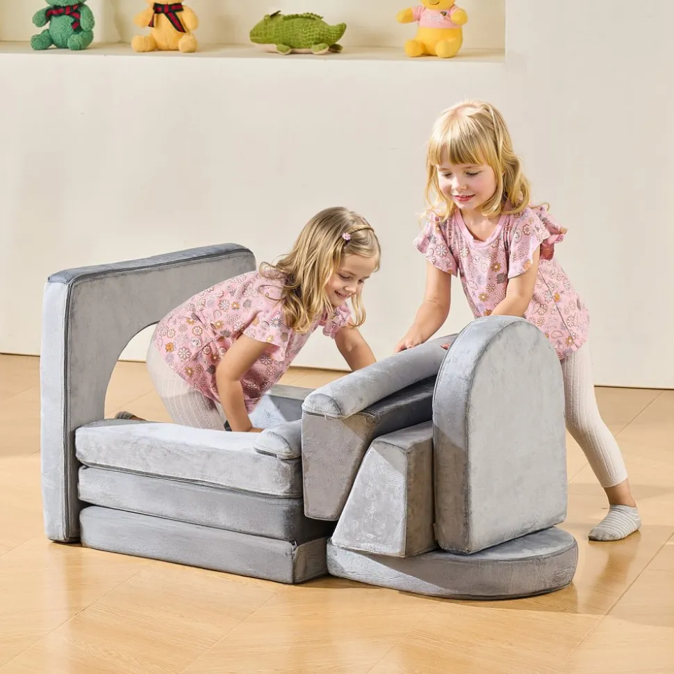 VEVOR Modular Kids Play Couch, Sectional Toddler Sofa with Armrests, 28D Sponge & Short Pile, Convertible Kids Modular Couch DIY Creative Combination for Playroom, Bedroom, Living Room, 10 Pcs, Gray