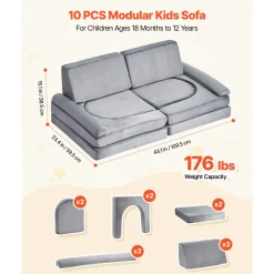 VEVOR Modular Kids Play Couch, Sectional Toddler Sofa with Armrests, 28D Sponge & Short Pile, Convertible Kids Modular Couch DIY Creative Combination for Playroom, Bedroom, Living Room, 10 Pcs, Gray
