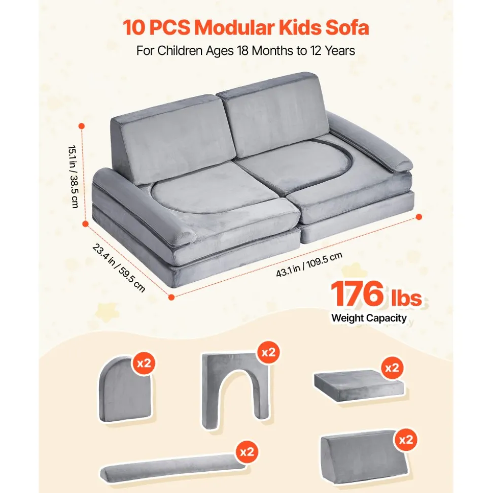 VEVOR Modular Kids Play Couch, Sectional Toddler Sofa with Armrests, 28D Sponge & Short Pile, Convertible Kids Modular Couch DIY Creative Combination for Playroom, Bedroom, Living Room, 10 Pcs, Gray