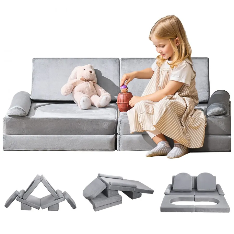 VEVOR Modular Kids Play Couch, Sectional Toddler Sofa with Armrests, 28D Sponge & Short Pile, Convertible Kids Modular Couch DIY Creative Combination for Playroom, Bedroom, Living Room, 10 Pcs, Gray