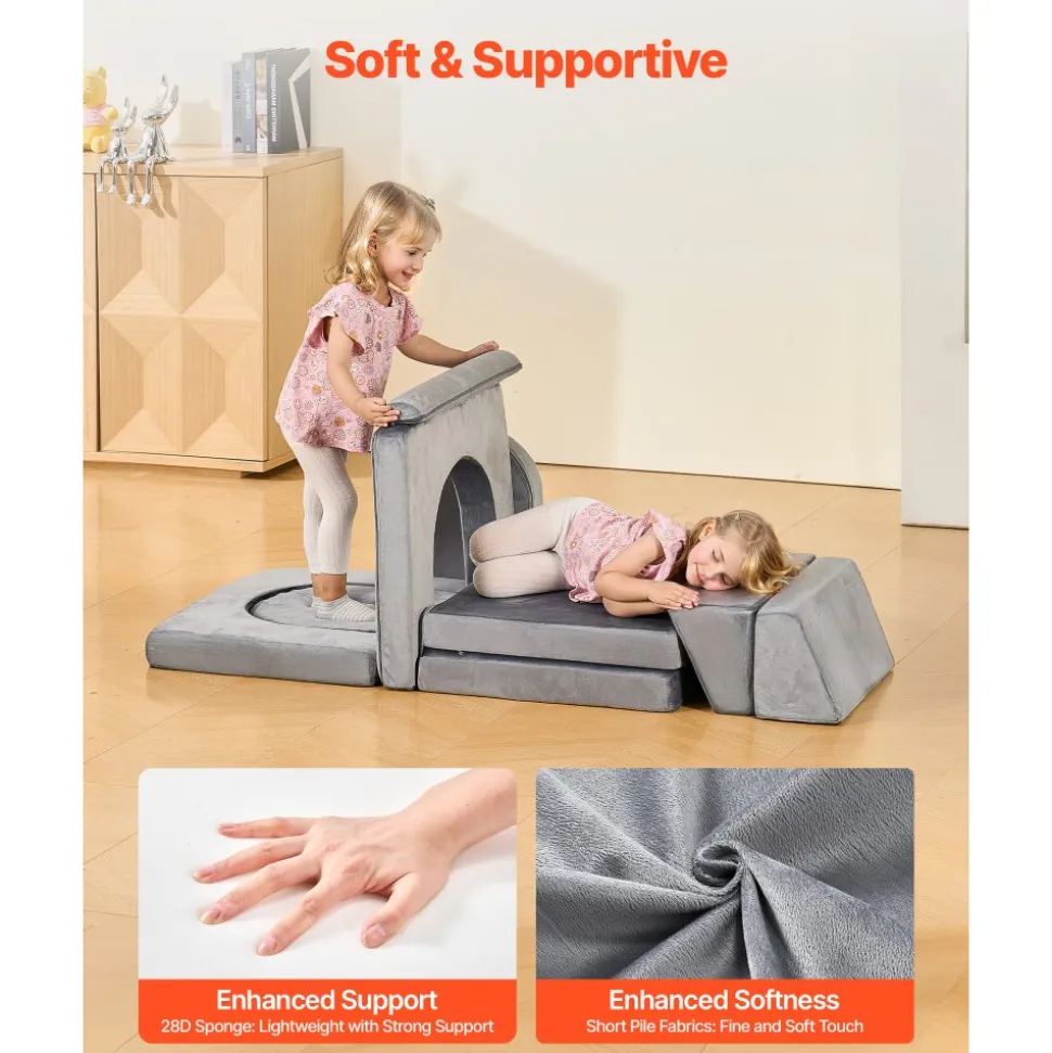 VEVOR Modular Kids Play Couch, Sectional Toddler Sofa with Armrests, 28D Sponge & Short Pile, Convertible Kids Modular Couch DIY Creative Combination for Playroom, Bedroom, Living Room, 10 Pcs, Gray