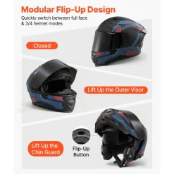 VEVOR Modular Motorcycle Helmet, Flip up Full Face Helmet with Dual Visor, Lightweight Comfortable Adult Motocross Street Bike Helmet for Men and Women - DOT & ECE Approved (L Size)