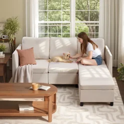 VEVOR Modular Sectional Sofa, 3-Seater Modular Sofa with Hidden Storage, Cloud Sectional Couch with Ottoman & High Rebound Sponge, Solid Wood Frame Upholstered Couch for Living Room, Bedroom, Beige