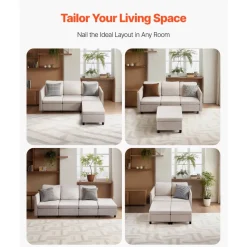 VEVOR Modular Sectional Sofa, 3-Seater Modular Sofa with Hidden Storage, Cloud Sectional Couch with Ottoman & High Rebound Sponge, Solid Wood Frame Upholstered Couch for Living Room, Bedroom, Beige