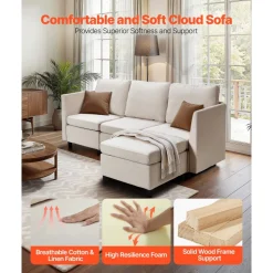 VEVOR Modular Sectional Sofa, 3-Seater Modular Sofa with Hidden Storage, Cloud Sectional Couch with Ottoman & High Rebound Sponge, Solid Wood Frame Upholstered Couch for Living Room, Bedroom, Beige
