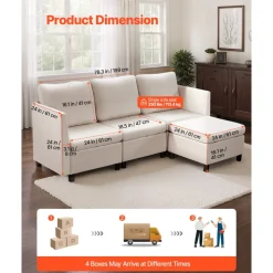VEVOR Modular Sectional Sofa, 3-Seater Modular Sofa with Hidden Storage, Cloud Sectional Couch with Ottoman & High Rebound Sponge, Solid Wood Frame Upholstered Couch for Living Room, Bedroom, Beige