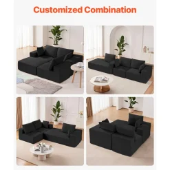 VEVOR Modular Sectional Sofa, L Shaped Modular Sofa with Chaise, Cloud Sectional Couch with High Rebound Sponge and Density, Upholstered Corduroy Couch with Cushion for Living Room, Bedroom, Black