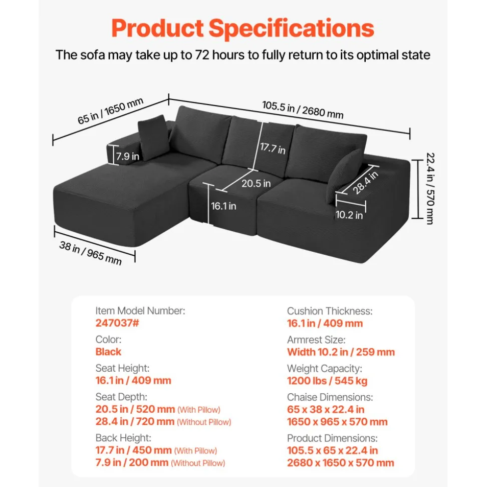 VEVOR Modular Sectional Sofa, L Shaped Modular Sofa with Chaise, Cloud Sectional Couch with High Rebound Sponge and Density, Upholstered Corduroy Couch with Cushion for Living Room, Bedroom, Black