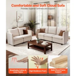 VEVOR Modular Sectional Sofa, Modern 5-Seater Modular Sofa with Hidden Storage, Cloud Sectional Couch with High Rebound Sponge, Solid Wood Frame Upholstered Comfy Couch for Living Room, Bedroom, Beige