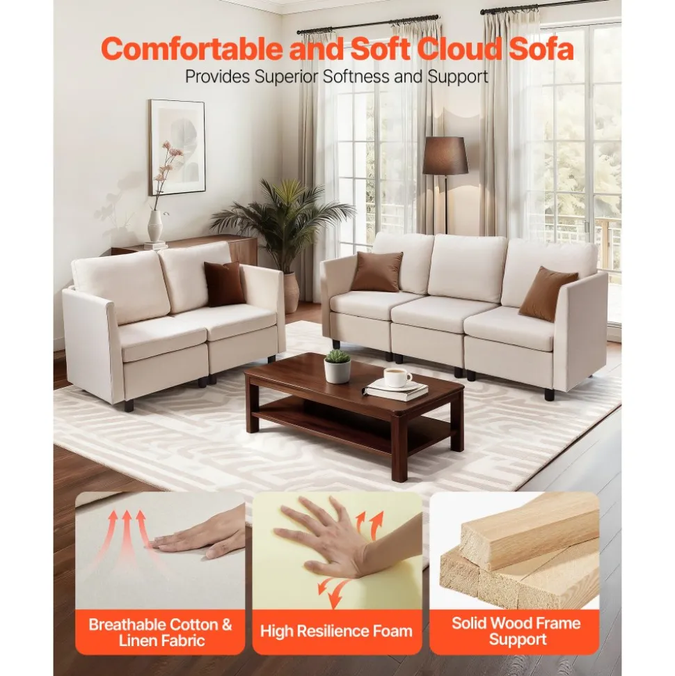 VEVOR Modular Sectional Sofa, Modern 5-Seater Modular Sofa with Hidden Storage, Cloud Sectional Couch with High Rebound Sponge, Solid Wood Frame Upholstered Comfy Couch for Living Room, Bedroom, Beige