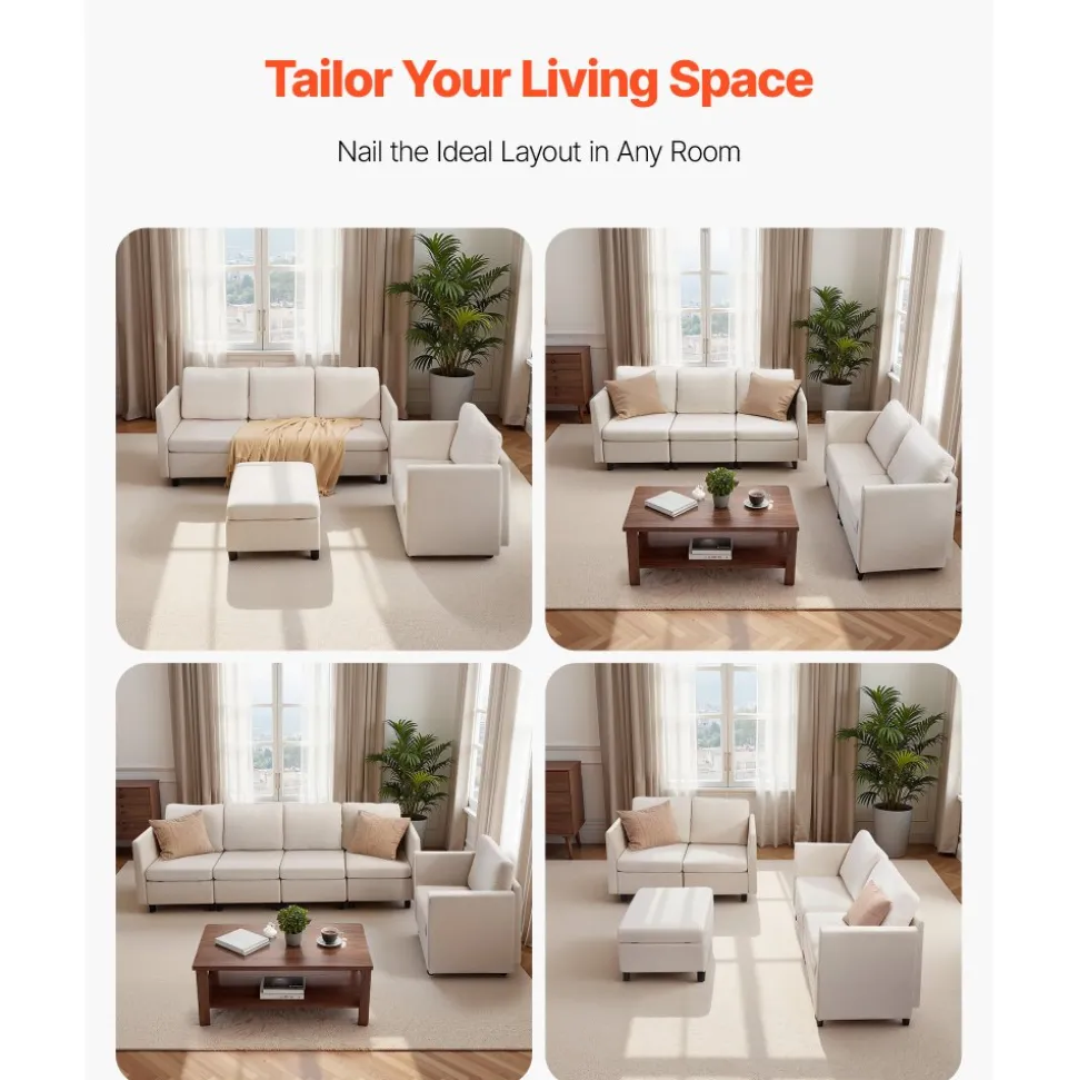 VEVOR Modular Sectional Sofa, Modern 5-Seater Modular Sofa with Hidden Storage, Cloud Sectional Couch with High Rebound Sponge, Solid Wood Frame Upholstered Comfy Couch for Living Room, Bedroom, Beige