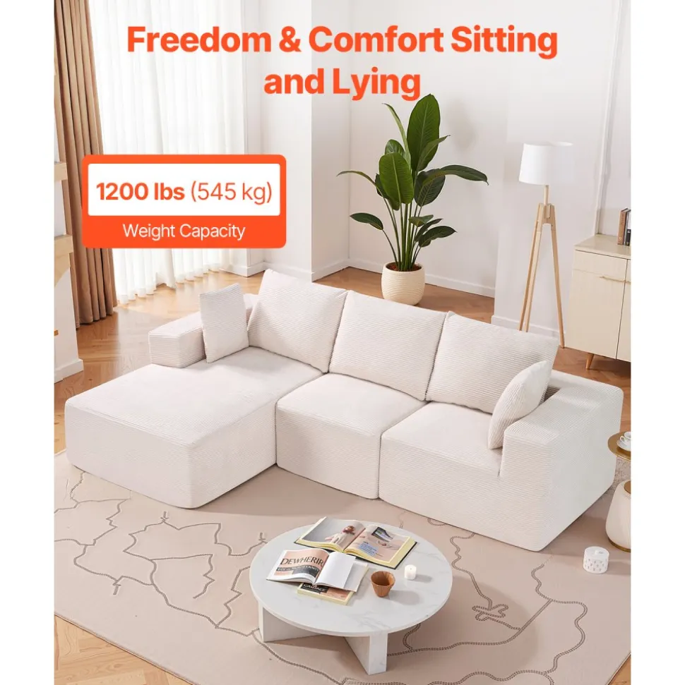 VEVOR Modular Sectional Sofa, L Shaped Modular Sofa Deep Seat, Cloud Sectional Couch with High Rebound Sponge and Density, Upholstered Corduroy Couch with Cushion for Living Room, Bedroom, Beige
