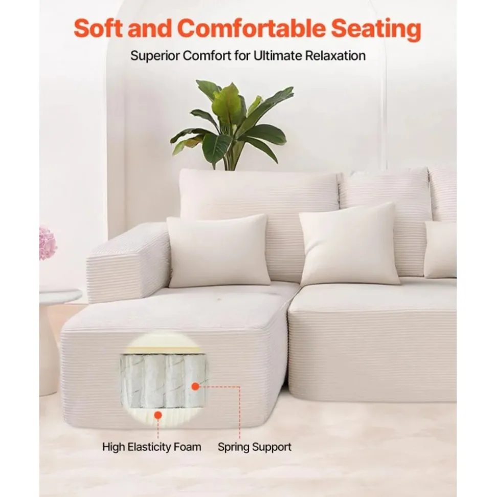 VEVOR Modular Sectional Sofa, L Shaped Modular Sofa Deep Seat, Cloud Sectional Couch with High Rebound Sponge and Density, Upholstered Corduroy Couch with Cushion for Living Room, Bedroom, Beige