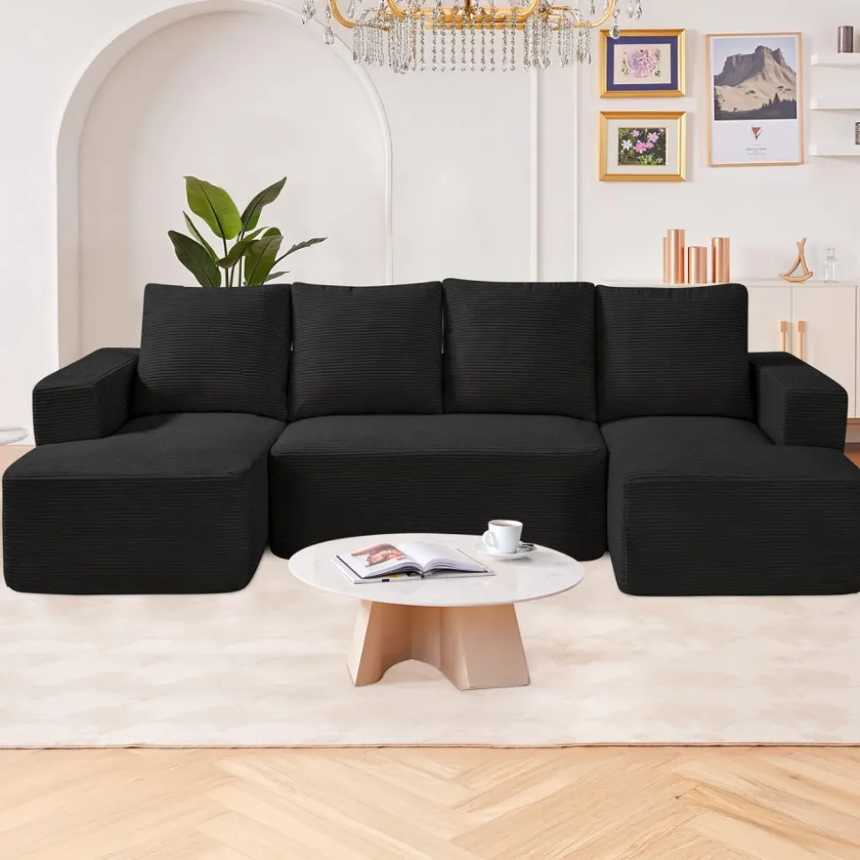 VEVOR Modular Sectional Sofa, U Shaped Modular Sofa with Chaise, Cloud Sectional Couch with High Rebound Sponge and Density, Upholstered Corduroy Couch with Cushion for Living Room, Bedroom, Black