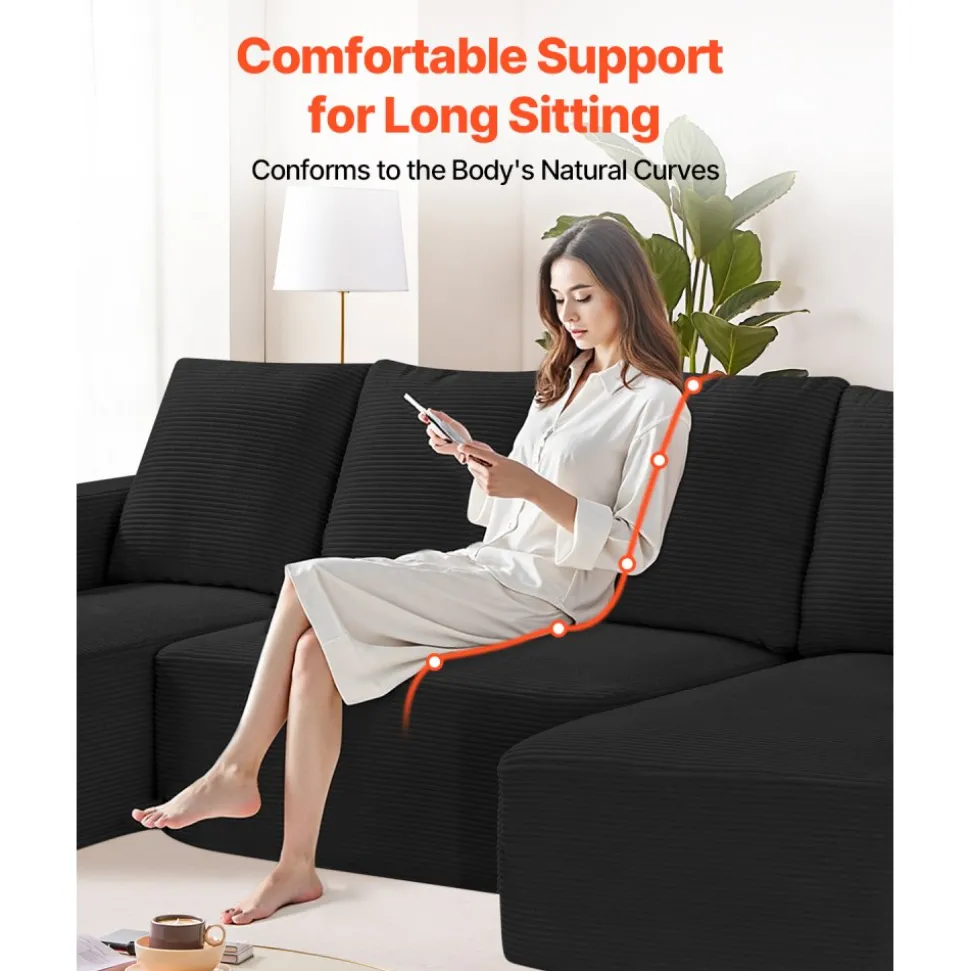 VEVOR Modular Sectional Sofa, U Shaped Modular Sofa with Chaise, Cloud Sectional Couch with High Rebound Sponge and Density, Upholstered Corduroy Couch with Cushion for Living Room, Bedroom, Black