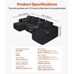 VEVOR Modular Sectional Sofa, U Shaped Modular Sofa with Chaise, Cloud Sectional Couch with High Rebound Sponge and Density, Upholstered Corduroy Couch with Cushion for Living Room, Bedroom, Black