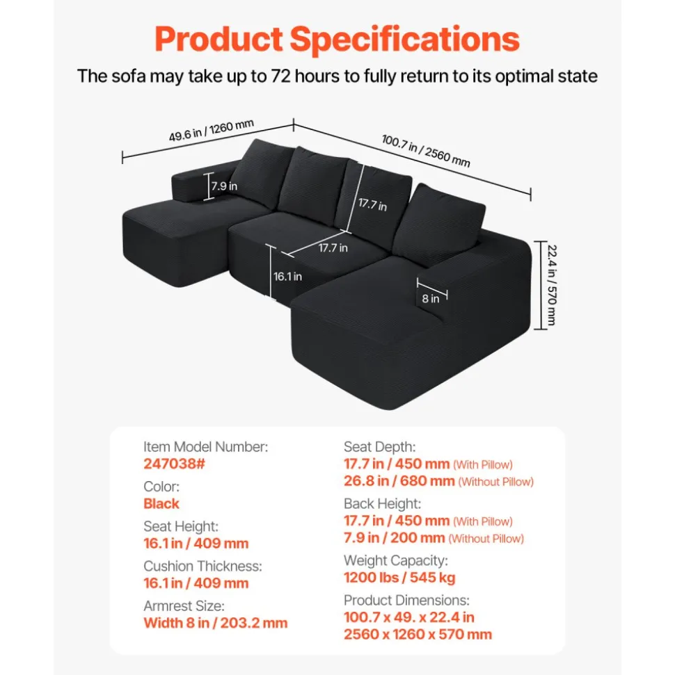 VEVOR Modular Sectional Sofa, U Shaped Modular Sofa with Chaise, Cloud Sectional Couch with High Rebound Sponge and Density, Upholstered Corduroy Couch with Cushion for Living Room, Bedroom, Black
