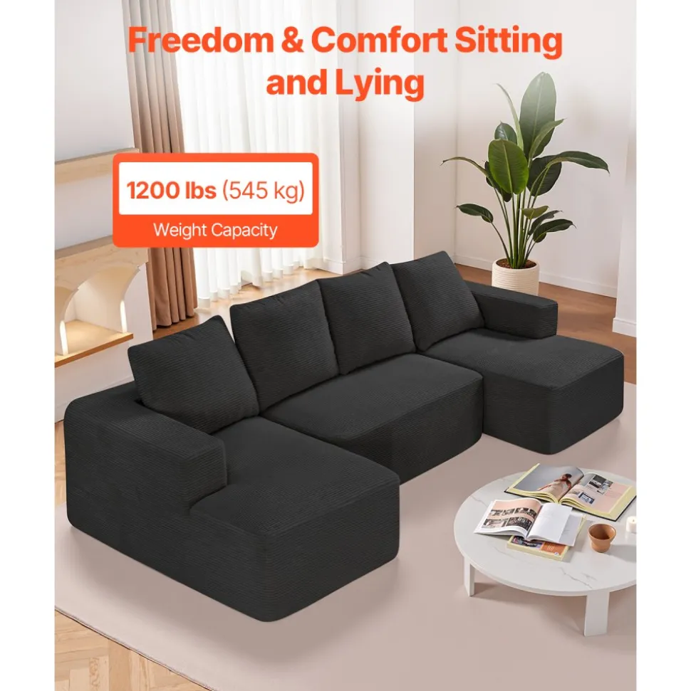 VEVOR Modular Sectional Sofa, U Shaped Modular Sofa with Chaise, Cloud Sectional Couch with High Rebound Sponge and Density, Upholstered Corduroy Couch with Cushion for Living Room, Bedroom, Black