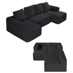 VEVOR Modular Sectional Sofa, U Shaped Modular Sofa with Chaise, Cloud Sectional Couch with High Rebound Sponge and Density, Upholstered Corduroy Couch with Cushion for Living Room, Bedroom, Black