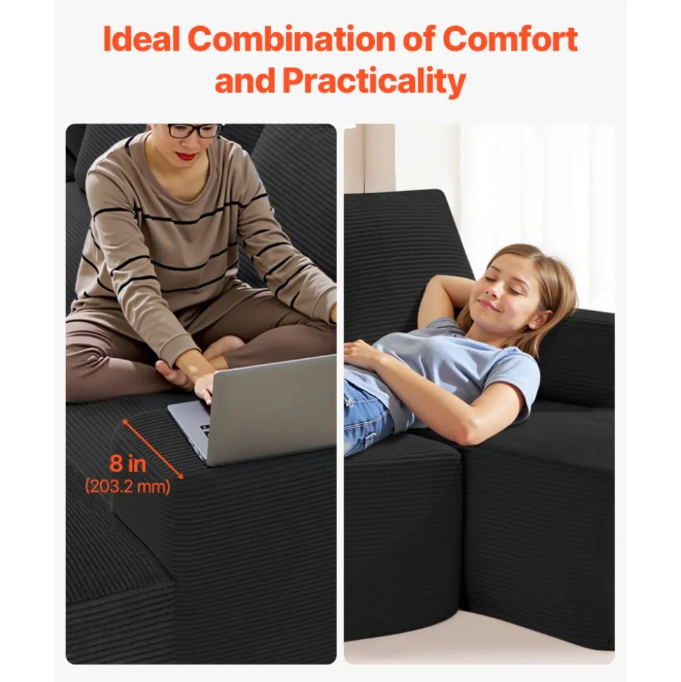 VEVOR Modular Sectional Sofa, U Shaped Modular Sofa with Chaise, Cloud Sectional Couch with High Rebound Sponge and Density, Upholstered Corduroy Couch with Cushion for Living Room, Bedroom, Black