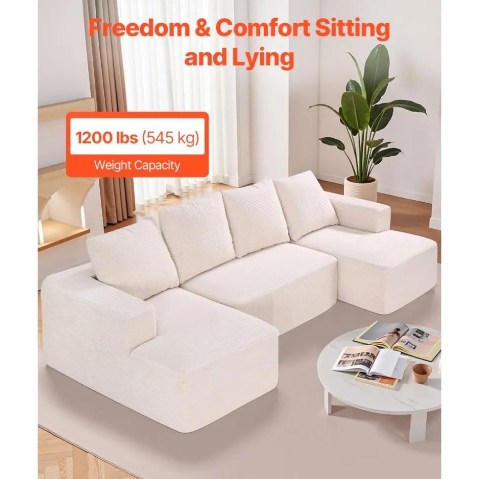 VEVOR Modular Sectional Sofa, U Shaped Modular Sofa with Chaise, Cloud Sectional Couch with High Rebound Sponge and Density, Upholstered Corduroy Couch with Cushion for Living Room, Bedroom, Beige
