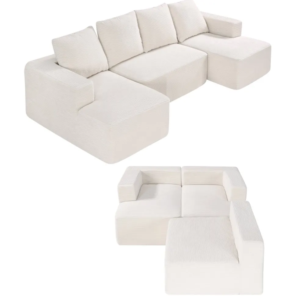 VEVOR Modular Sectional Sofa, U Shaped Modular Sofa with Chaise, Cloud Sectional Couch with High Rebound Sponge and Density, Upholstered Corduroy Couch with Cushion for Living Room, Bedroom, Beige