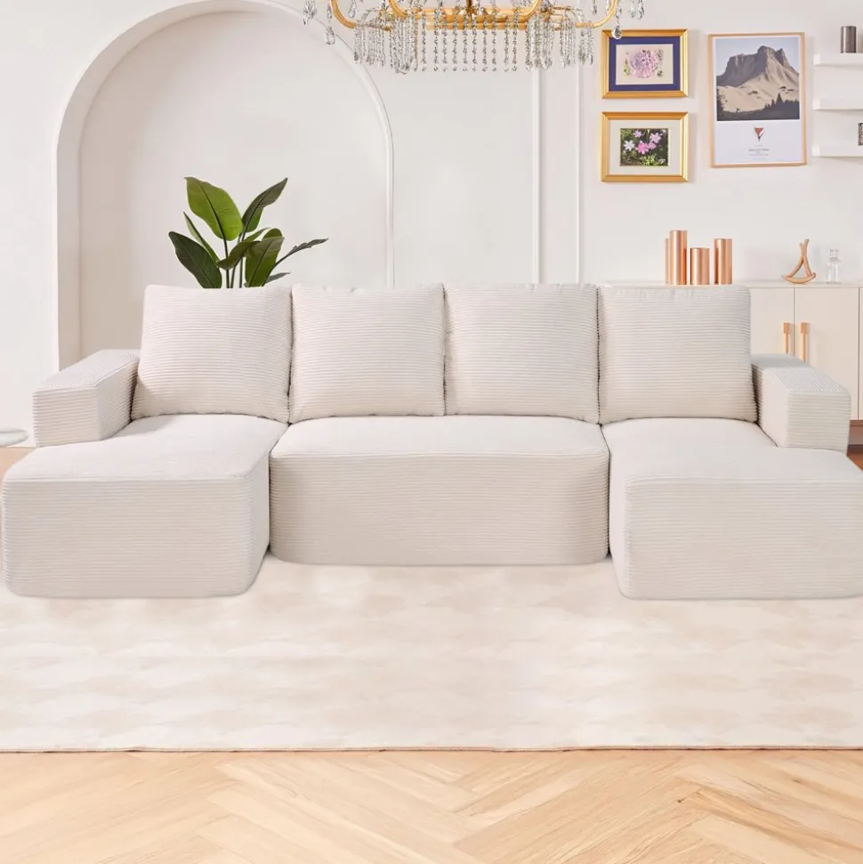 VEVOR Modular Sectional Sofa, U Shaped Modular Sofa with Chaise, Cloud Sectional Couch with High Rebound Sponge and Density, Upholstered Corduroy Couch with Cushion for Living Room, Bedroom, Beige