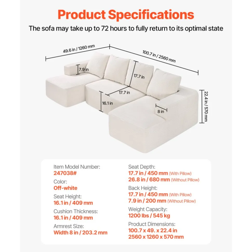 VEVOR Modular Sectional Sofa, U Shaped Modular Sofa with Chaise, Cloud Sectional Couch with High Rebound Sponge and Density, Upholstered Corduroy Couch with Cushion for Living Room, Bedroom, Beige