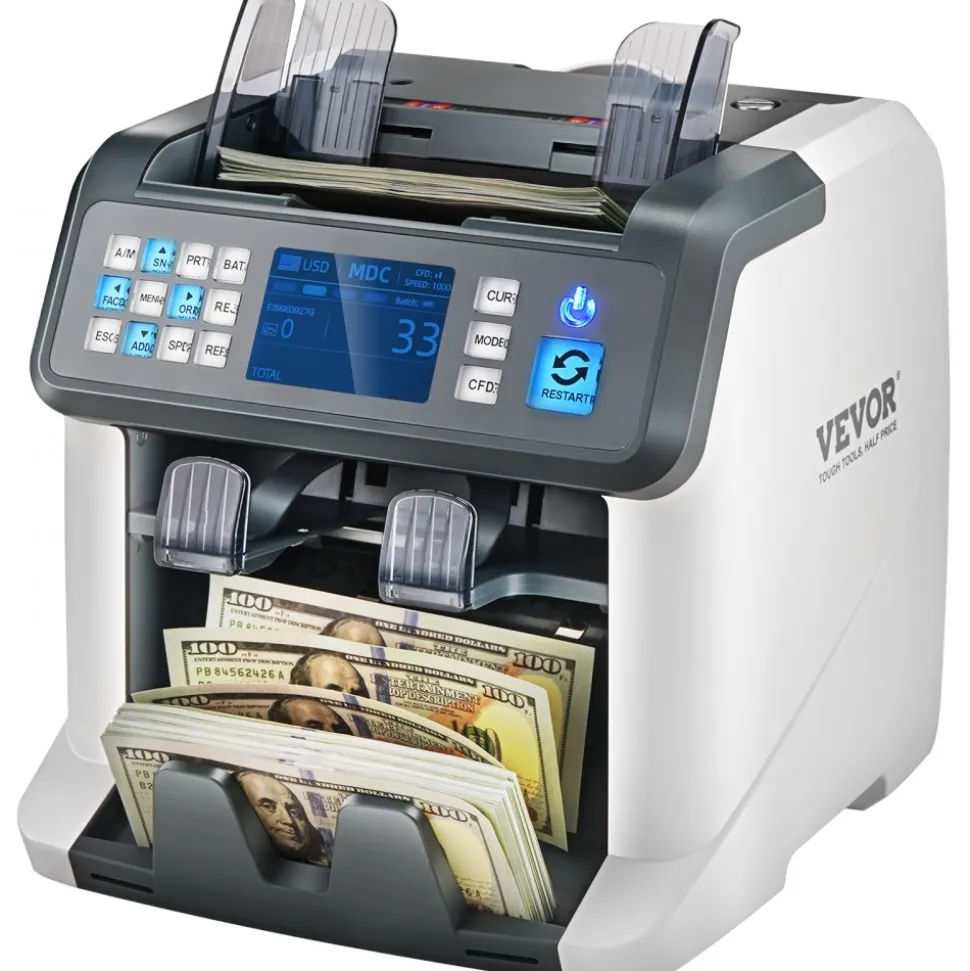 VEVOR Money Counter Machine, Bill Counter with Mixed Denomination, 2CIS, SN, UV, IR, MG, DD Counterfeit Detection, Multi Currency, Value Counting Cash Counter and Sorter, Printer Enabled