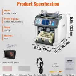 VEVOR Money Counter Machine, Bill Counter with Mixed Denomination, 2CIS, SN, UV, IR, MG, DD Counterfeit Detection, Multi Currency, Value Counting Cash Counter and Sorter, Printer Enabled