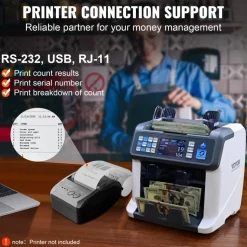 VEVOR Money Counter Machine, Bill Counter with Mixed Denomination, 2CIS, SN, UV, IR, MG, DD Counterfeit Detection, Multi Currency, Value Counting Cash Counter and Sorter, Printer Enabled