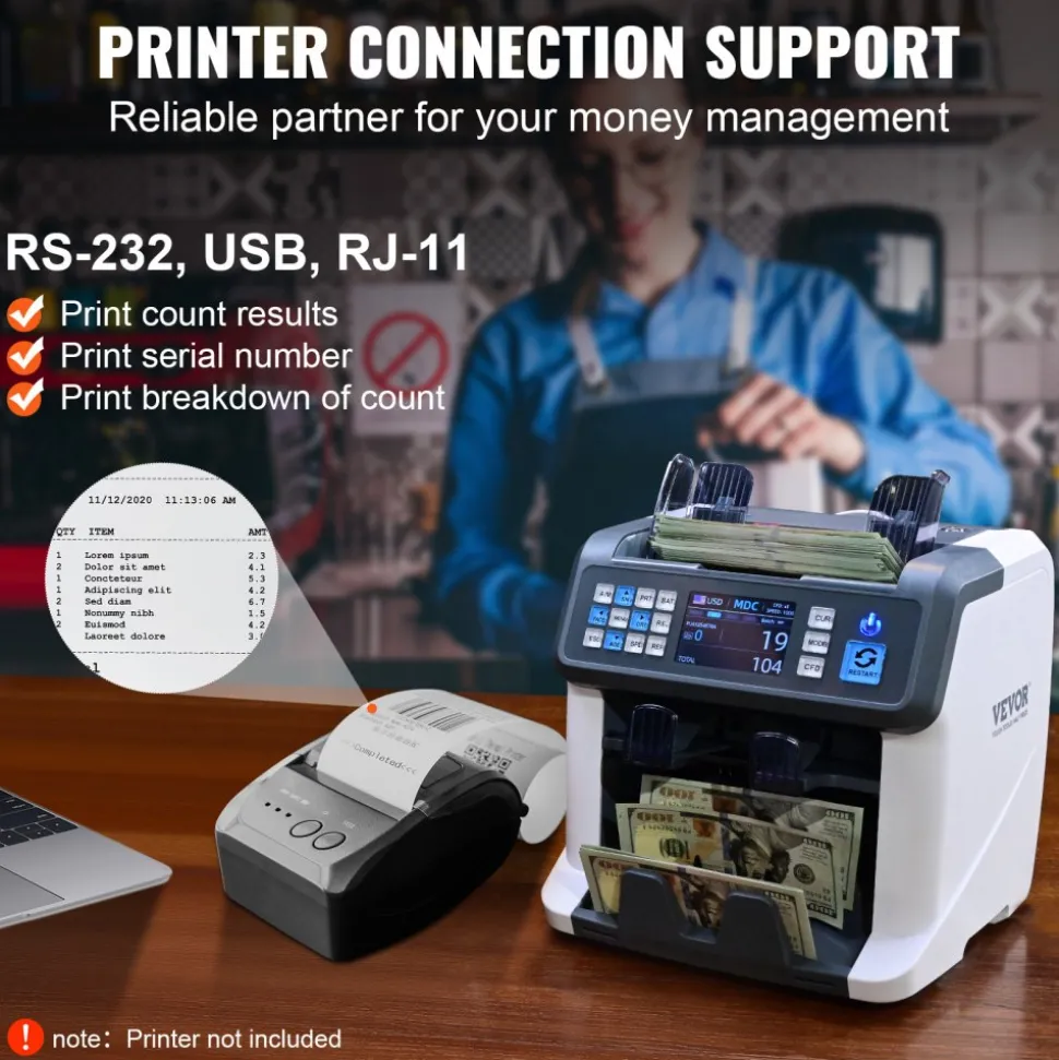 VEVOR Money Counter Machine, Bill Counter with Mixed Denomination, 2CIS, SN, UV, IR, MG, DD Counterfeit Detection, Multi Currency, Value Counting Cash Counter and Sorter, Printer Enabled
