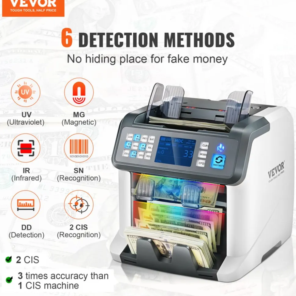 VEVOR Money Counter Machine, Bill Counter with Mixed Denomination, 2CIS, SN, UV, IR, MG, DD Counterfeit Detection, Multi Currency, Value Counting Cash Counter and Sorter, Printer Enabled