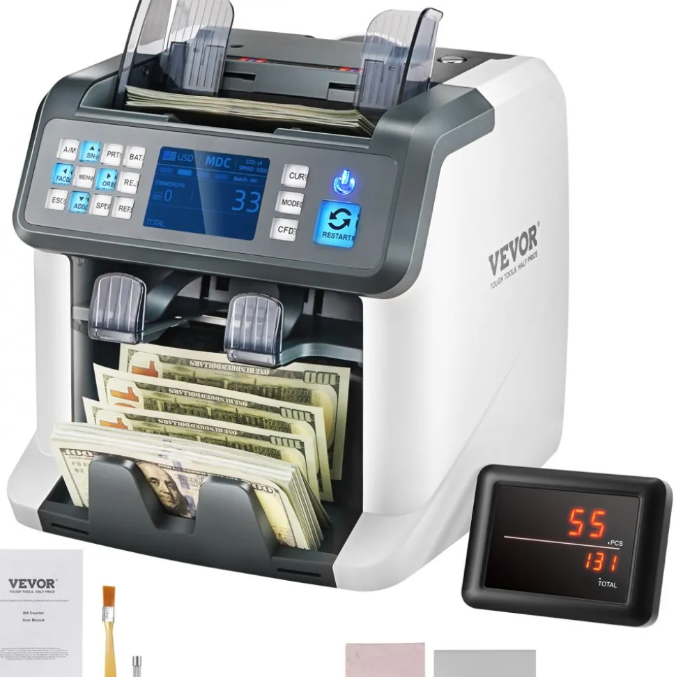 VEVOR Money Counter Machine, Bill Counter with Mixed Denomination, 2CIS, SN, UV, IR, MG, DD Counterfeit Detection, Multi Currency, Value Counting Cash Counter and Sorter, Printer Enabled