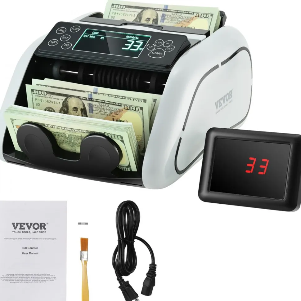 VEVOR Money Counter Machine, Bill Counter with UV, MG, IR and DD Counterfeit Detection, USD & EUR Cash Counting Machine with Large LCD & External Display for Small Business