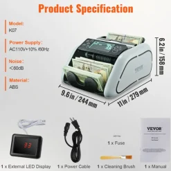 VEVOR Money Counter Machine, Bill Counter with UV, MG, IR and DD Counterfeit Detection, USD & EUR Cash Counting Machine with Large LCD & External Display for Small Business
