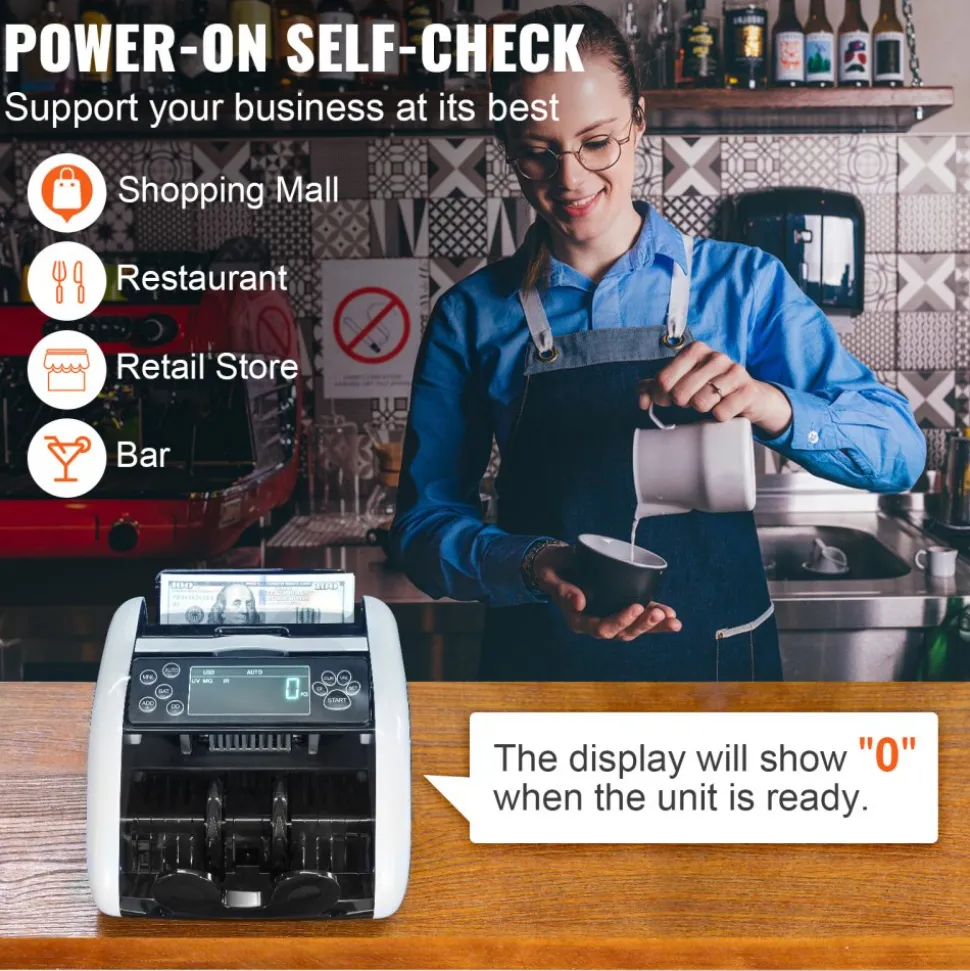 VEVOR Money Counter Machine, Bill Counter with UV, MG, IR and DD Counterfeit Detection, USD & EUR Cash Counting Machine with Large LCD & External Display for Small Business