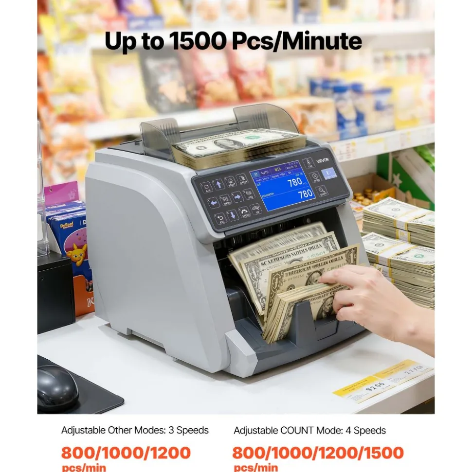 VEVOR Money Counter Machine, Mixed Denomination Bill Cash Counter with CIS/UV/MG/IR/DD/DBL/HLF/CHN Counterfeit Detection, Multi-Currency Support, Money Counting Machine with External Display